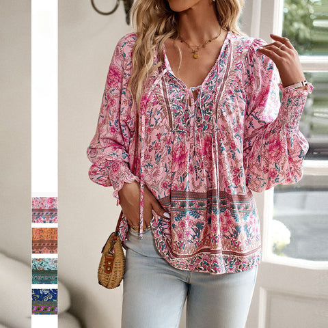 Chemise imprimée tempérament commerce extérieur col en V manches longues haut m300866 
