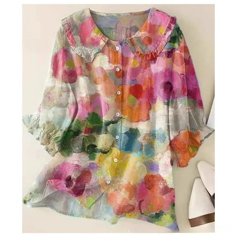Linglong hemp 3D digital printing abstract, women's long-sleeved buckle lapel shirt m303181