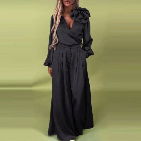 Women's Luxury Elegant V-Neck Satin Long Sleeve Top Wide Leg Pants Set m302297