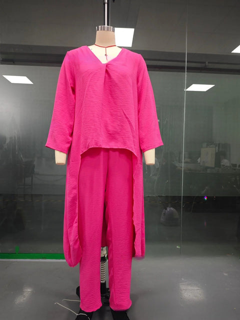 Women's summer pocket V-neck 2-piece set solid color loose women's clothing m302332