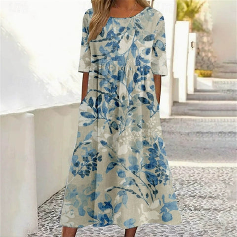 Damen Casual Rundhals Pullover Kurzarm 3D Druck Plissee Taille Swing Langes Kleid m301299 