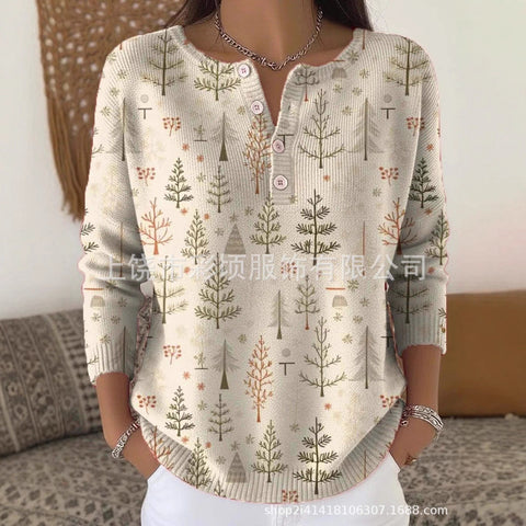 New Christmas sweater casual print cute button-up women's top FF303407