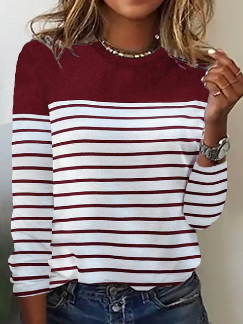 Langärmliges, gestreiftes, zweifarbig bedrucktes, gespleißtes T-Shirt mit Rundhalsausschnitt m300892 