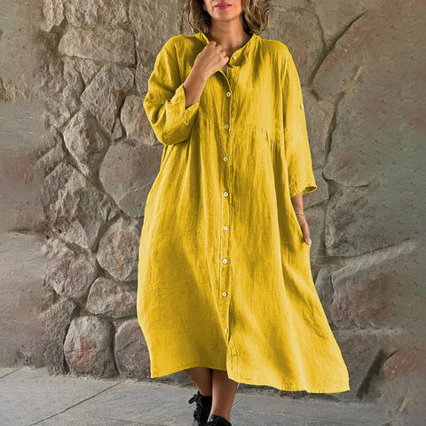 Einfarbiges, lässiges langes Kleid aus Baumwolle und Leinen mit Stehkragen und Knöpfen m301322 