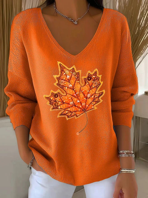 Shoulder V-neck long-sleeved autumn leaf 3D digital printing women's top FF303401