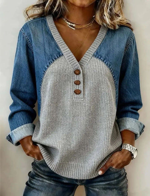 Striped plus imitation denim print full print V-neck casual comfortable fashion sweater FF303262 02