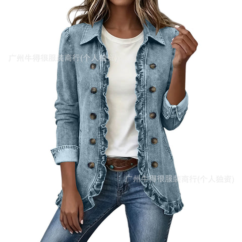 Jacket Edge Button Cardigan Women's Lapel Button Loose Casual Denim Jacket FF303254