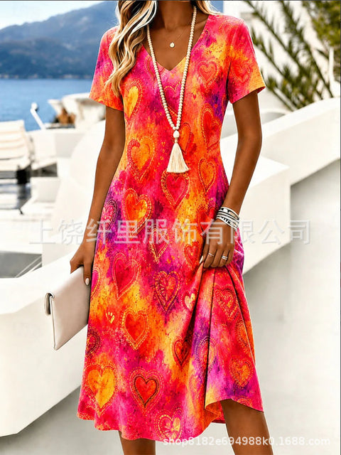 Printed women's v-neck short-sleeved temperament fashion dress m303046