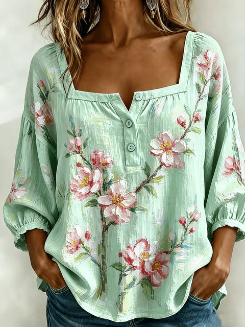 Women's square collar button-down shoulder seven-quarter sleeve medium sleeve T-shirt trend m302838