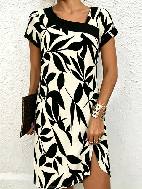 3D digital printing short-sleeved diagonal collar slim big skirt dress creative floral dress FF303359