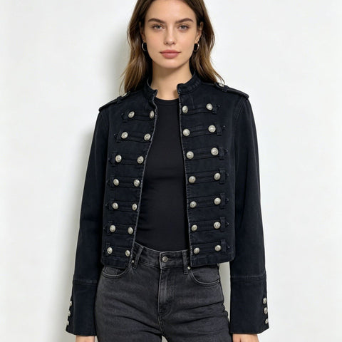 Stand-up collar black washed denim short jacket metal buckle shoulder badge slim fit fashion short women's jacket FF303317