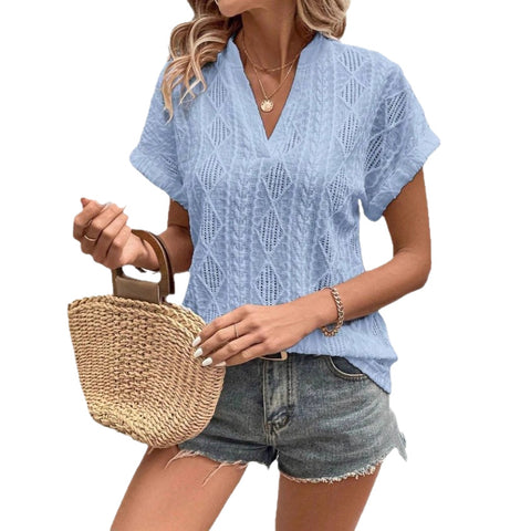 New casual hollow jacquard v-neck loose short-sleeved shirt women's m302694