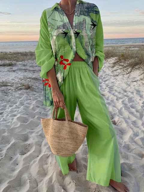 Linglong hemp fish shading casual suit loose sports wide-leg pants marine element casual shirt m303169