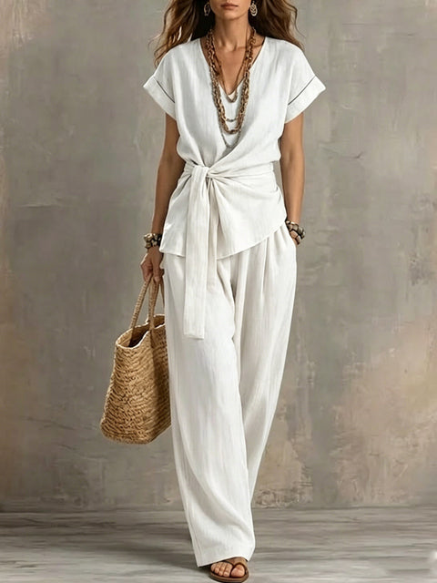 Casual V-neck pullover short-sleeved trousers washed cotton set m303163