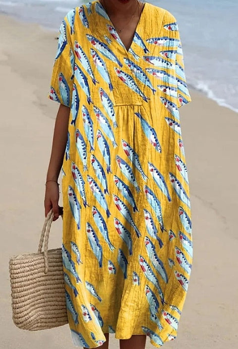 Large size women's shirt short-sleeved dress floral seaside vacation dress m302744