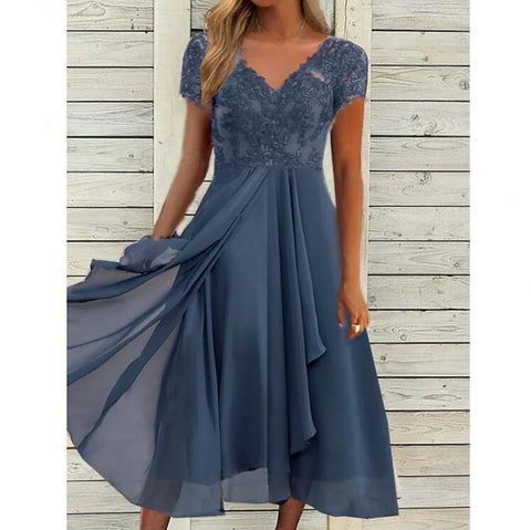 Chiffon splicing v-neck lace hollow dress m301252