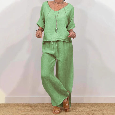 Lässiger V-Ausschnitt-Pullover mit Fünfviertelärmeln und Hose, mehrfarbig, zweiteiliges Damen-Set m301430 