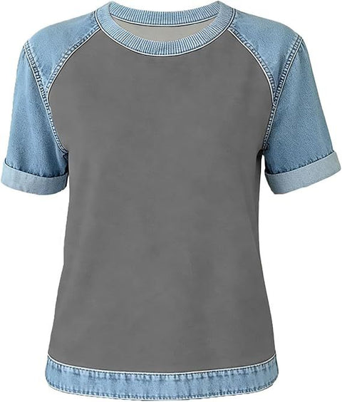 Printed denim splicing round neck short sleeve loose casual m302385