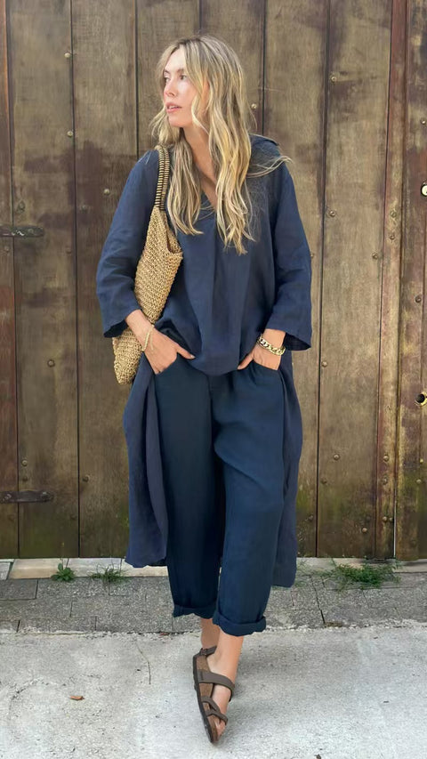 Women's summer pocket V-neck 2-piece set solid color loose women's clothing m302332