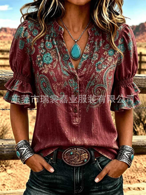 V-neck three-button top digital print horn-sleeved shirt FF303333