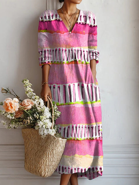 Women's loose V-neck fashion high-end long-sleeved printed collar dress m302766