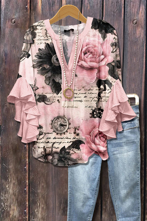 Digital printing casual trend V-neck lotus edge T-shirt women's m302725-1