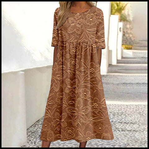 Damen Casual Rundhals Pullover Kurzarm 3D Druck Plissee Taille Swing Langes Kleid m301299 