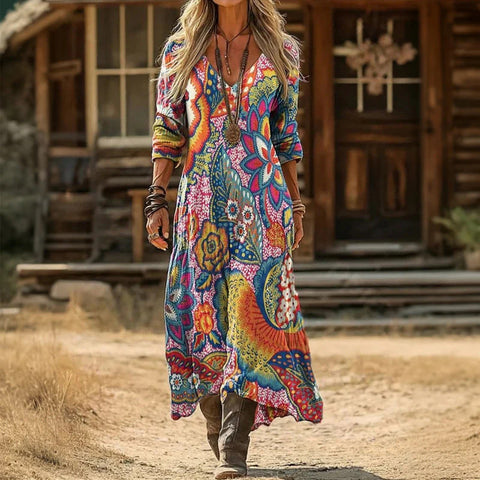 Creative tie-dye 3D printing women's new V-neck long-sleeved dress medium and long dress m302799