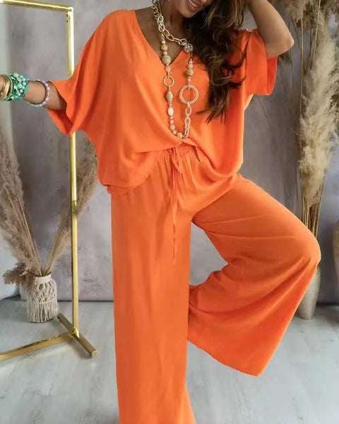V-neck bat sleeve casual loose wide-leg pants suit women's m302414
