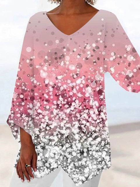 T-shirt ample à manches 3/4 et col en V pour femme, imprimé animalier et paysage naturel, m301289 