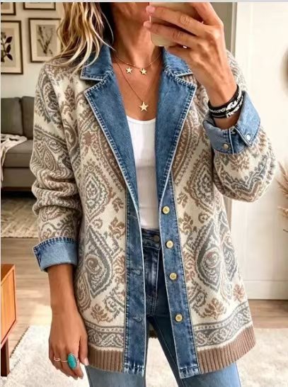 Leopard print denim jacket women's long-sleeved casual cardigan autumn loose jacket FF303339