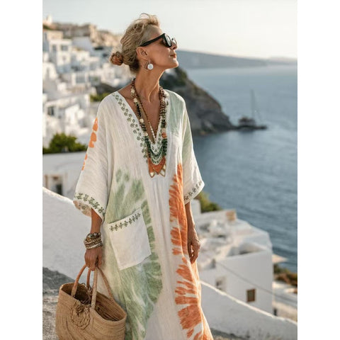 Holiday long striped embroidered dress m302762