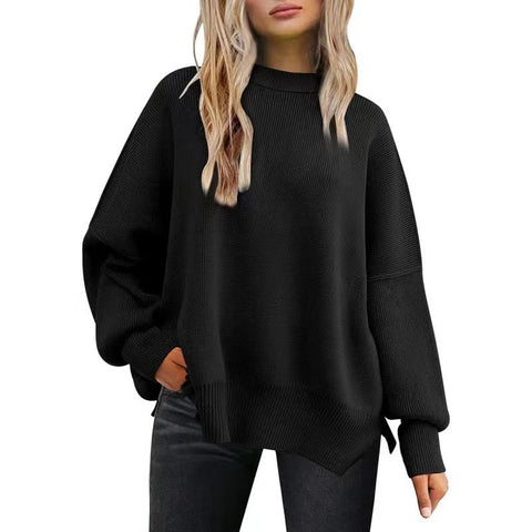 Crew neck bat wing long-sleeved sweater autumn knitted side slit jumper m301590