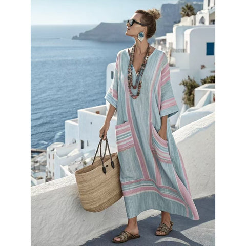 Holiday long striped embroidered dress m302762