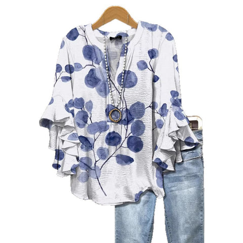 Creative floral element printing digital printing casual trend V-neck lotus edge horn T-shirt m302747