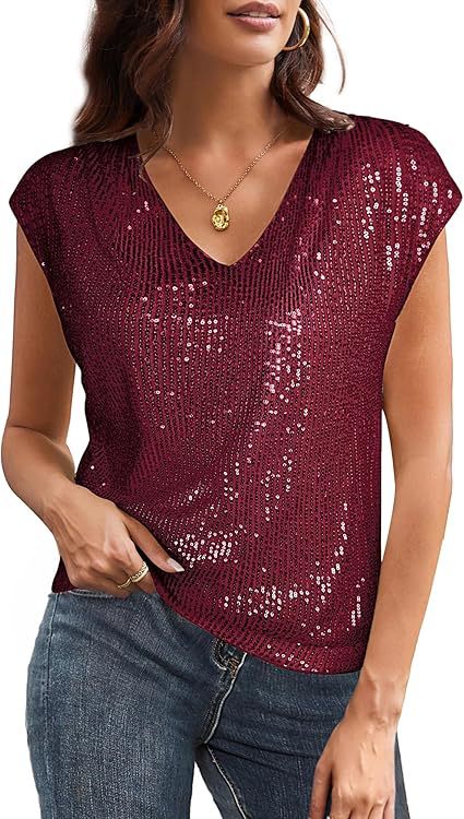 Ärmel Pailletten schlank V-Ausschnitt einfarbig Top T-Shirt Damen m300996 