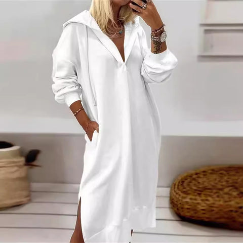 Long pullover sweater solid color split hem hooded knitted long dress women's m301595
