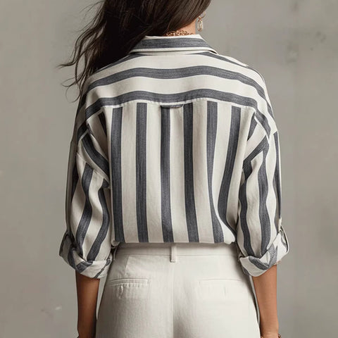 Spring, summer and autumn new women's clothing striped lapel collar loose fashion pullover blouse m302404