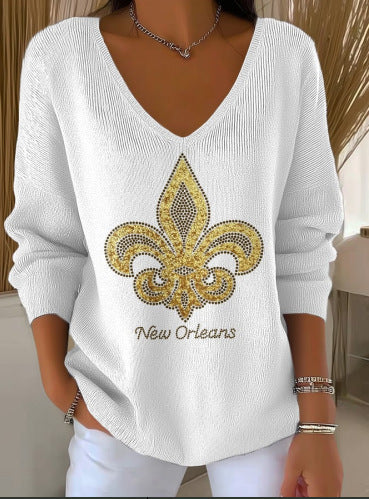 Shoulder V-neck long-sleeved autumn leaf 3D digital printing women's top FF303401