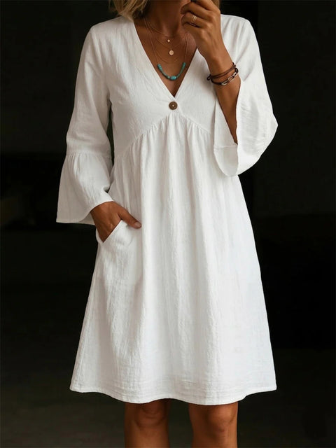 Elegant loose button V-neck solid color women's dress m302734