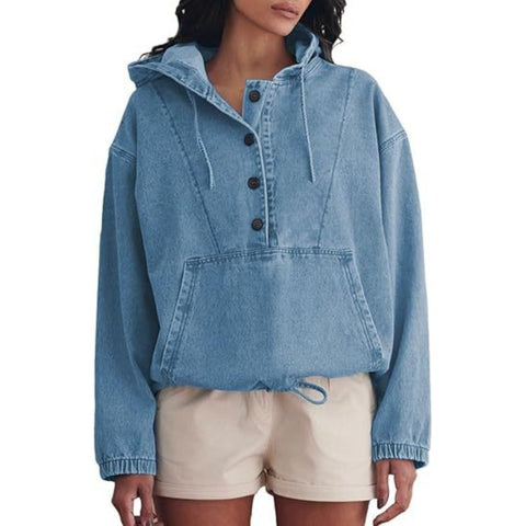 Fashion denim hoodie button-down pullover jacket denim sweatshirt FF303261