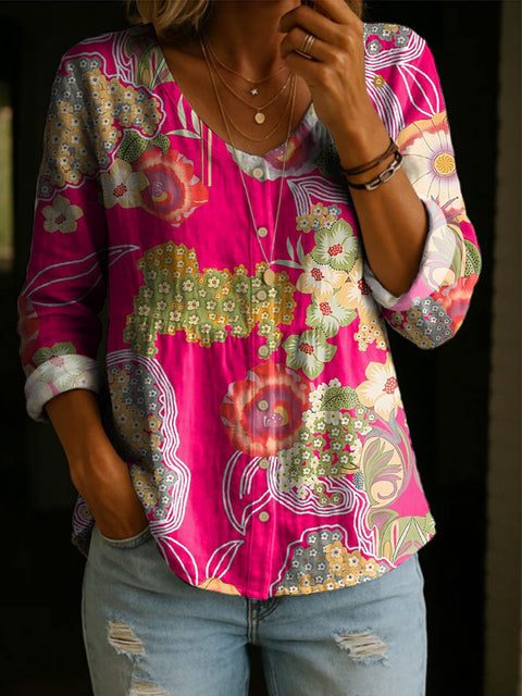Crew Neck Women's Floral 3D Printed Henley Shirt FF303180