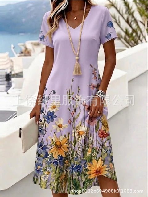 Printed women's v-neck short-sleeved temperament fashion dress m303046
