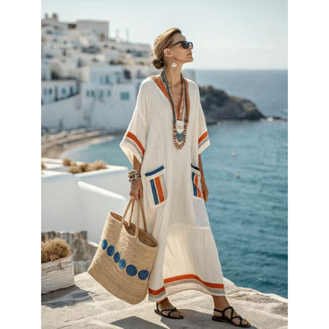 Holiday long striped embroidered dress m302762