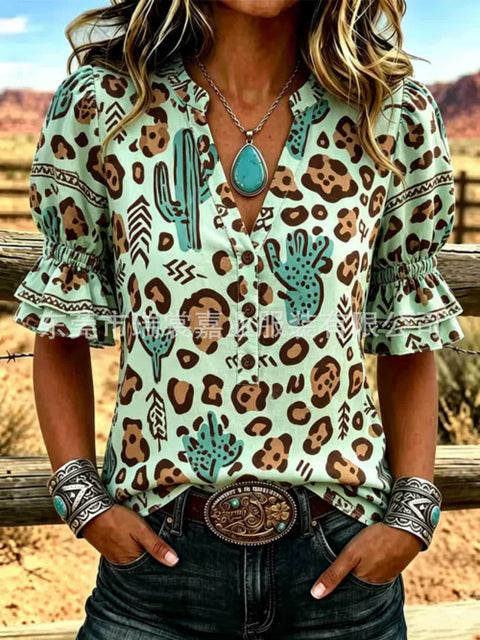 V-neck three-button top digital print horn-sleeved shirt FF303334