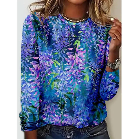Langarm T-Shirt Damen Einfarbig Blume m300934 