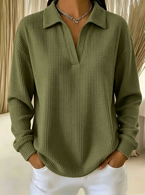 Waffle Lapel Long Sleeve Polo Top m303214