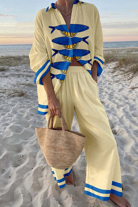 Linglong hemp fish shading casual suit loose sports wide-leg pants marine element casual shirt m303169