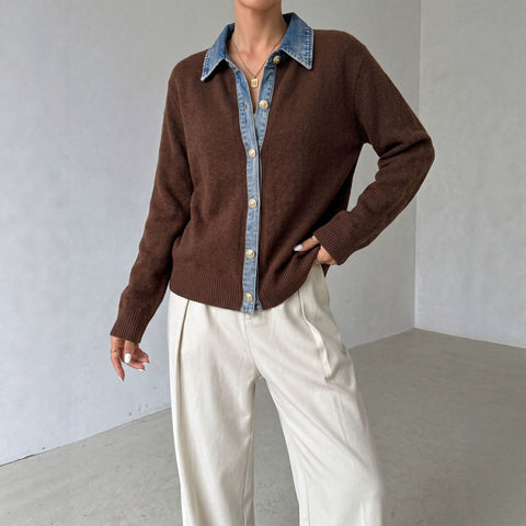 Fake two-piece lapel knitted cardigan autumn and winter loose women's long-sleeved top FF303348