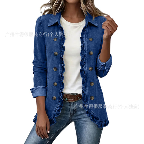 Jacket Edge Button Cardigan Women's Lapel Button Loose Casual Denim Jacket FF303254
